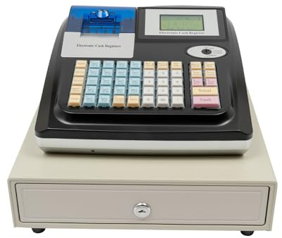 Zalydala Caisse enregistreuse électronique professionnelle avec double écran, 36 compartiments et 10 000 Plus, détection de faux billets et port RS232/USB, pour supermarchés, restaurants