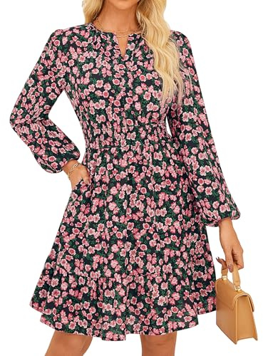 GRACE KARIN Damen Kleid Elegant Langarm V-Ausschnitt Blumenkleid Wrap Mini Dress Schwarz Boden rote Blumen M