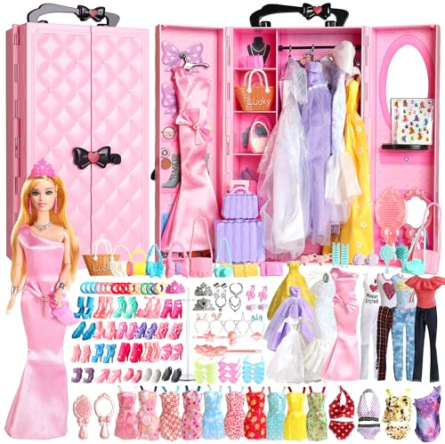 UCanaan Set di 180 capi di abbigliamento per bambole con accessori, abiti da principessa, vestiti, top, pantaloni, scarpe e appendiabiti, set completo di guardaroba per bambole, ideale per bambini dai