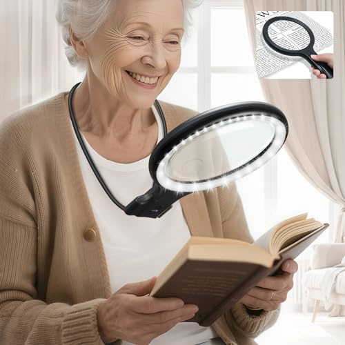 ANTREATU Lente d'ingrandimento a collo d'oca 3 in 1 con luce a mani libere 5X 10X per lettura a LED a 3 colori grande lente d'ingrandimento per libri da tenere in mano, indossato sul collo e da