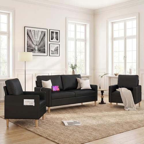 TYBOATLE 66 Black Faux Leather Sofa Couches w/USB, 3 Piece Living Room Set, Mid-Century Modern Loveseat 2 Seater Office Small Couch Love Seat for Small Space, Bedroom, Apartment