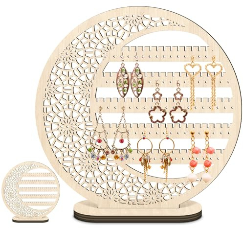 Kathfly Large Boho Moon Earring Display Stand for Mother's Gift 10 Inch Wooden Floral Goth Earrings Stud Jewelry Holder Organizer Dangle Hanging Holder Gift for Women(Wood Color)