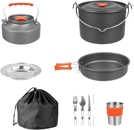 Camping-Kochgeschirr-Set – Camping-Kochgeschirr-Set, faltbares Camping-Kochutensilien, leichtes eloxiertes Aluminium und Edelstahl, 22-teilig, tragbar, langlebig, ideal zum Kochen im Freien
