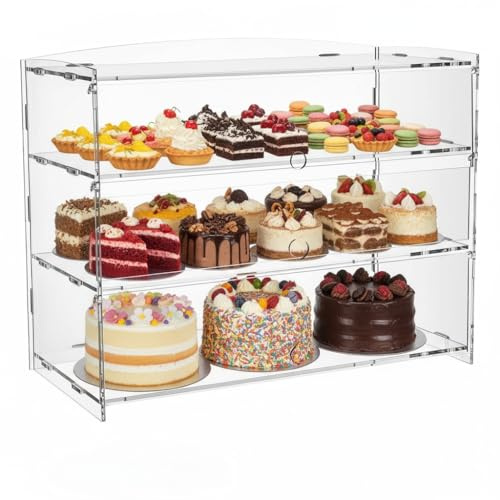 Oursouion 3-Tier Commercial Bread Bin, Clear Cake Display,48*23*34CM Acrylic Bakery Display Case Pastry Display Cabinet Cake Display Stand/Unit for Bread Dessert Food Cookie Baking