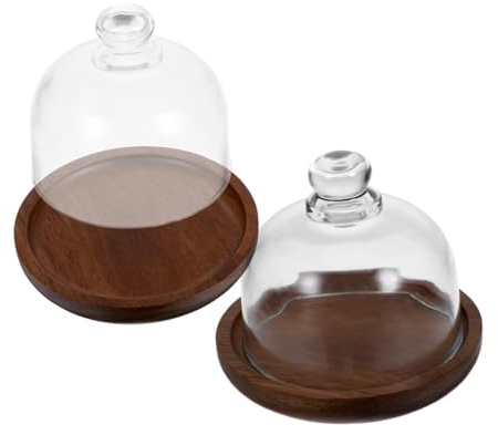 TOYANDONA 2 piezas Soporte para Tartas de Madera Natural con Campana de Vidrio Bandeja Redonda para Postres y Frutas para Mesas de Comedor y Decoración Rústica