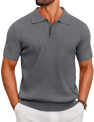 COOFANDY Mens Polo Shirts Short Sleeve Knitted Polo Designer Golf T Shirt for Men UK Stretch Regular Fit Casual Button Polos Summer Dark Grey XL