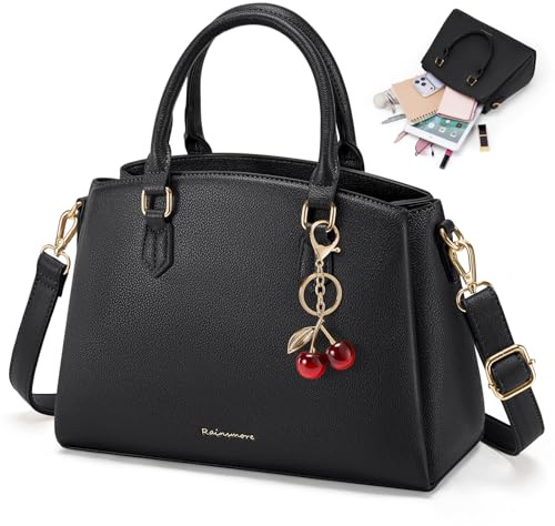 RAINSMORE Handtasche Damen Mittelgroß PU Leder Henkeltaschen Damenhandtasche passt 11 Zoll Tablet Umhängetaschen mit Abnehmbar Schulterriemen Handtaschen für Shopper Büro Arbeit Schwarz