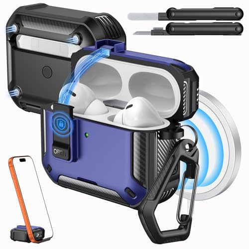 MoKo per Custodia AirPods Pro 2 con Chiusura, Blu scuro+Nero | Supporto per Telefono&Pop-up Automatico per Custodia AirPod Pro 2a/1a Gen, per MagSafe, Copertura Protettiva con Kit Pulizia