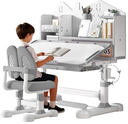 OYOWINGO Kids Functional Desk and Chair Set - Ergonomic Height Adjustable Art Desk for Bedroom with Tiltable Desktop, Book Stand, Reading Rack & Storage Drawer for Children Boys & Girls(Grey)