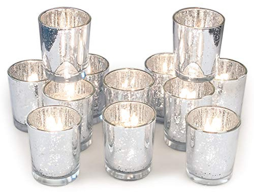 Volens Silver Votive Candle Holders, Mercury Glass Tealight Candle Holder Set of 12 for Wedding Decor and Home Decor