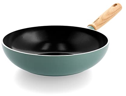 GreenPan Mayflower Healthy Ceramic Non-Stick 28 cm/3.7 Litre Wok Pan, Vintage Wood Handle, PFAS-Free, Induction, Smoky Blue, Blue
