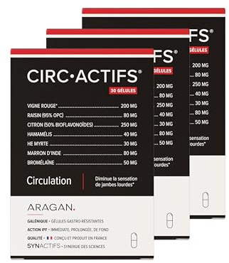 ARAGAN Synactifs Lot de 3 Circactifs | Complément Alimentaire Circulation, Jambes Lourdes | Vigne Rouge, Raisin, Citron, Sélénium, Huile essentielle | 90 gélules | 2 mois de prise Fabriqué en France