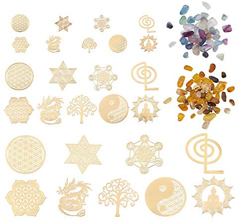 Beadthoven - 27 pegatinas de orgonita de cobre, 9 estilos, geometría sagrada, material de torre de energía, flor de la vida, pegatinas de chakra con 30 g de cuentas de gemas para manualidades