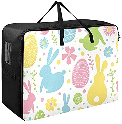 Moyyo Eggs Bunnies Flowers Laundry Bag Large Clothes Storage Bag with Zippers Handles Durable Nylon Home Storage Boxes Organizers Moving Bag for Bedding Toys Clothing Duvet Blankets Cushions