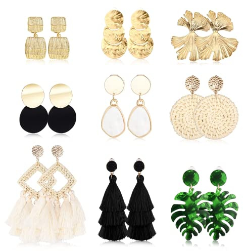 Finrezio 9 Paires Clip sur Boucles d'Oreilles pour Femmes - Déclaration Rotin Résine Acrylique Goutte Léger Géométrique Gland Hoop Drop Dangle Bijoux