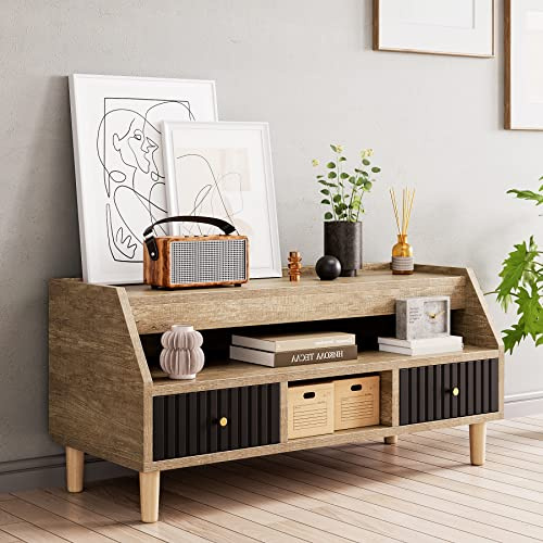 Homhougo Kleiner TV-Ständer mit Stauraum für 50-Zoll-Fernseher, kleines Unterhaltungszentrum, Medienkonsole, TV-Ständer für Wohnzimmer, TV-Konsolentisch mit 2 Schubladen und offenen Regalen, Graue