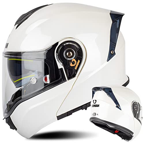 Klapphelm Motorradhelm, Integralhelm Multifunktion Modularer Integral Helm, Mit Doppelvisier Sonnenblende, DOT/ECE Zugelassen Motorrad Sturzhelm Hochfeste Schale Für Frauen Männer, Weiss-XXL(63~64cm)