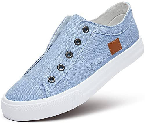 Women's Slip on Shoes Non Slip Fashion Canvas Sneakers Low Top Casual Shoes(Blue,US8)