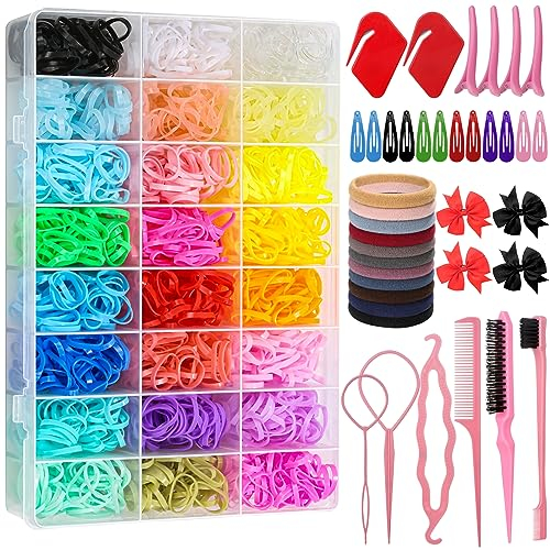 Sublaga 2068-teiliges elastisches Haarbänder-Set, 2000 Stück Mini-Haarbänder mit Organizer-Box, weiche kleine Mädchen-Haargummis, buntes Baby-Gummibänder-Set mit Haarschwanz-Werkzeugen, Haargummis,
