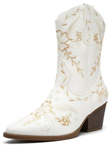 ANJOUFEMME Floral Country Cowboy Boots For Women, Womens Trendy Cute Cowgirl Boots Wide Calf, Cream Wedding Western Booties
