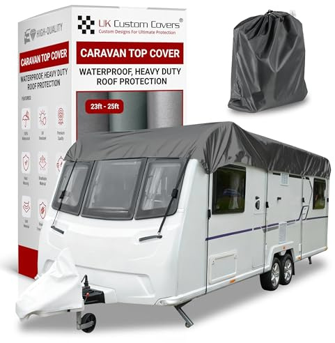 Caravan Roof Cover - Roof Protector With Adjustable Straps, Hooks & Storage Bag, Heavy-Duty, Waterproof, UV-Resistant Breathable 150D for All-Weather Use by UK Custom Covers (23–25ft, Dark Grey)