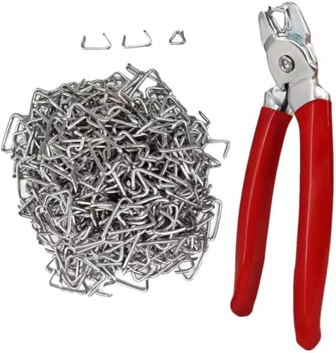 Hog Ring Pliers Set Angled,500 PCS Hog Rings - Professional Upholstery Installation Kit for Animal Cages, Ropes, Bags, DIY Crafts, and Furniture Upholstery