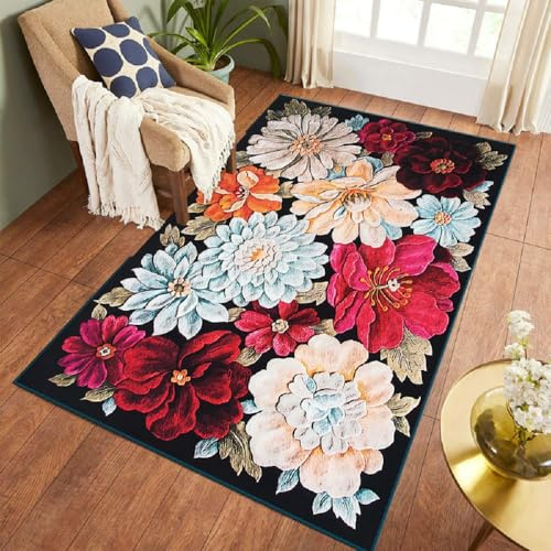 Sedefen Kurzflor Teppich 160x230 cm Bunt Blumen Muster Terrassen Teppich Dekorative Wohnzimmer Schlafzimmer Vintage Teppich Läufer Indische Boho,Anti-Rutsch Unterseite,Felloptik