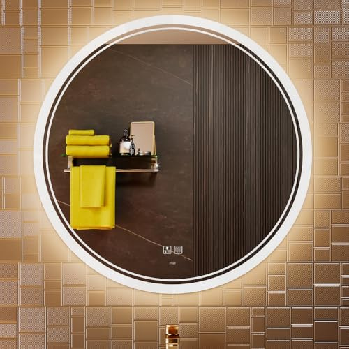 KWW Großer Moderner LED Runder Badezimmer-Eitelkeitsspiegel, Farbtemperatur Einstellbar, Anti-Nebel Dimmbare Lichter, Horizontaler/Vertikaler Wandspiegel (80 x 80 cm)