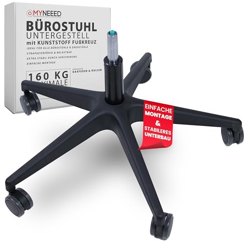MYNEEED Universal Bürostuhl Untergestell Ersatzteil Set - Stuhlrollen, Gasdruckfeder & Fußkreuz für Gaming Stuhl, Chefsessel - Kratzerfreie Rollen, TÜV Geprüfte Sicherheit (185 mm Gasfeder)