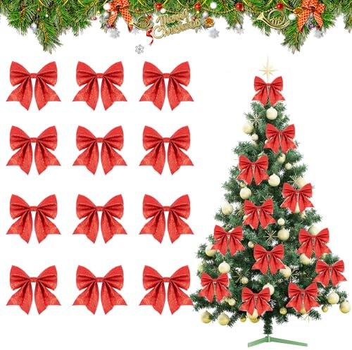 SULOLI 12 Pezzi Fiocchi Natalizi Glitterati,Fiocchi per Albero di Natale,Nastro Fiocchetti Paillettes per Decorazione Natalizia Regalo per Festa(Rosso)