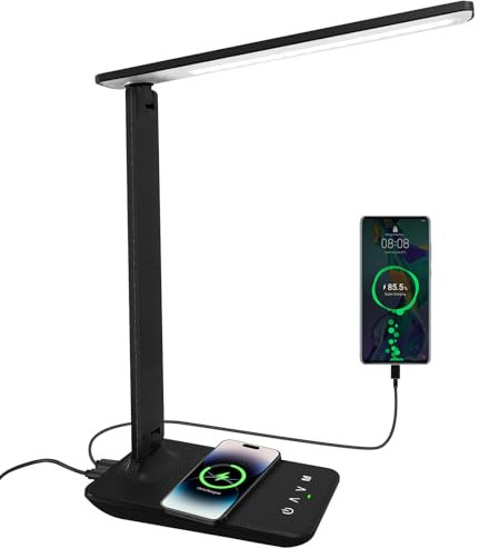 joyshie lámpara de escritorio LED con QI carga inalámbrica, Flexo de Escritorio con luz nocturna, lampara de escritorio con control táctil, Puerto de carga USB, 5 niveles de luminosidad 5 modos