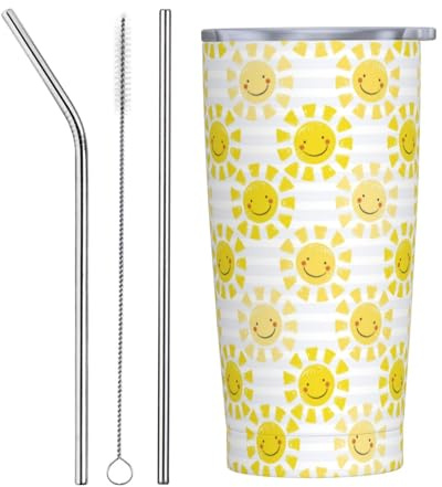 VOSERY Botella de agua de 20 onzas con tapa y popote, vaso de acero inoxidable con aislamiento solar amarillo, taza de café de viaje, vaso personalizado