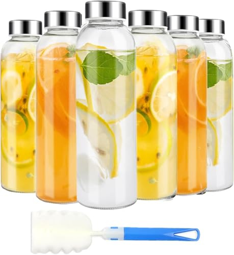 Afoxon Clear Glass Bottles with Lids 6pcs Set 18oz,Reusable Glass Water Bottle with Stainless Steel Cap, 100% Leak Proof,Can be Used for Fruit Juice, Tea, Water, etc