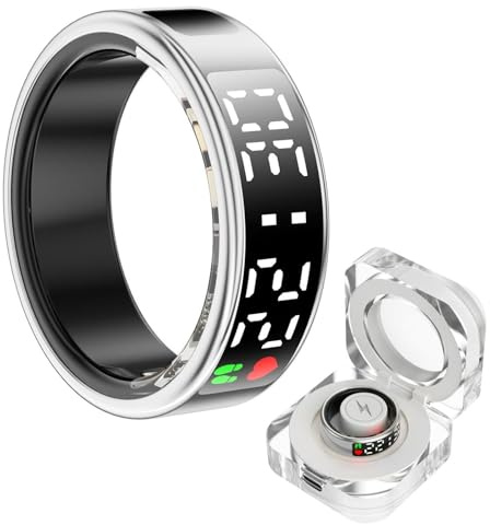 THUCHENYUC Smart Ring Health Tracker With LED Display Screen, Wearable Sleep Heart Rate Step Blood Oxygen Blood Pressure Tracker IP68 Waterproof Smart Ring For Women Men(Silver,9)