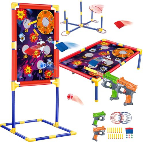 Shooting Games for Kids – 3-in-1 Bean Bag Toss & Shooting & Ring Toss Carnival Outdoor Game Set with 2 Shooting Toys Blasters, Garden Indoor Outdoor Toys for Boys Girs Ages 5 6 7 8 9 10+ Gift