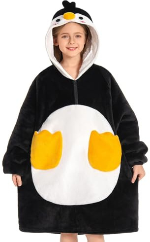 OLAOLA Pinguin Decken-Hoodie für Kinder, Weiche Kuscheldecke Unisex | 3D Pinguin-Design für Kinder. Warme und weiche Kuscheldecke mit Kapuze, tolles Geschenk für Kinder im Winter.