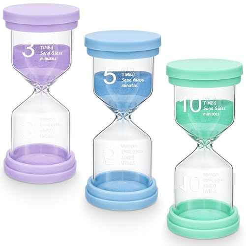 PlsMupn Lot de 3 Sabliers Colorés pour Enfants, Minuteur Sablier de 3/5/10 Min, Kit de Sablier pour Brossage, Jeux, Cuisine, Bureau, Apprentissage et Exercice