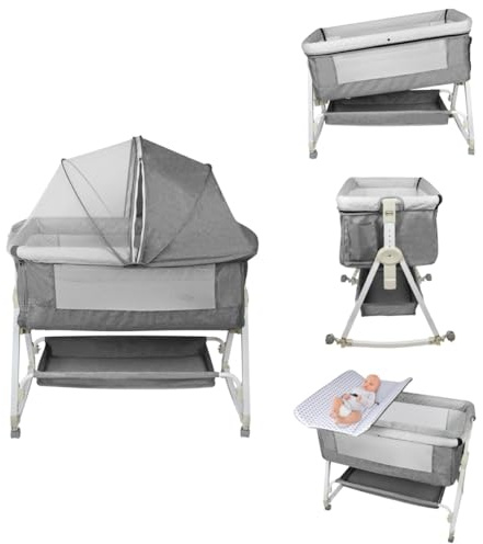 homewell 3 in 1 Beistellbett Baby mit Wickeltisch, Bett Bassinet/Babybett/Babywiege, Zustellbett 6 Fach Höhenverstellung und Neigungsverstellung, 90 * 50*(98-110) cm (Grau)