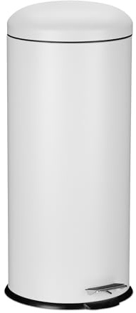 Relaxdays Mülleimer 30 Liter, Küchenabfalleimer mit Absenkautomatik, Henkel & Trittpedal, Papierkorb rund, Metall, weiß