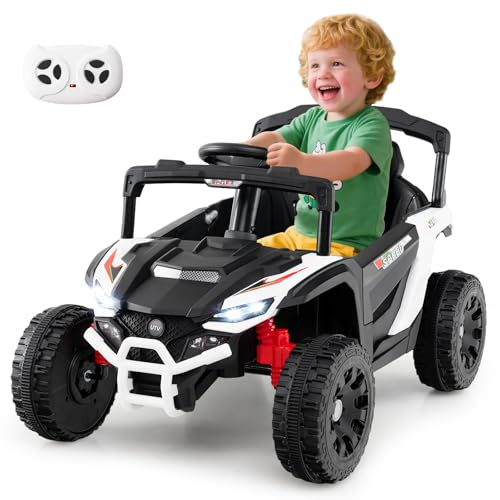 COSTWAY 12V Elektrisk barnbil, Elektrisk UTV-truck med fjärrkontroll, 3 växlar, LED-lampor, musik, tuta & fjädring, barnbil barnfordon för pojkar & flickor från 3 år (vit)