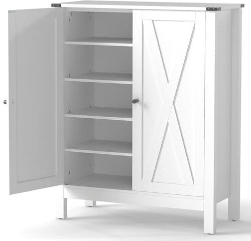 Multigot Shoe Cabinet, Wooden Farmhouse Shoe Storage Cupboard Organizer with Adjustable & Removable Shelves, Freestanding Footwear Rack Shoes Storage Unit for Entryway Hallway Living Room (White)