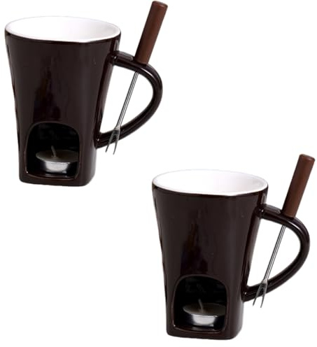 2 Stück Keramike Schokofondue Tasse | 400Ml Tasse Mit Teelicht Schokolade | Butter Schokoladen Pot Mit Teelicht & Gabeln | Schokobrunnen | Home Kerzen Fondue Set | Küchenutensilien Für Nachtisch