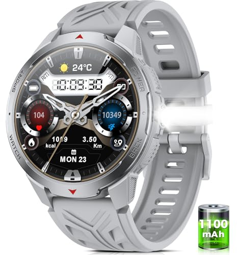 Smartwatch Uomo - 1100mAh/30 Giorni Batteria Lunga Durata, 1,7'' Orologio Smartwatch Militare con Torcia/Bussola/Impermeabile 3ATM/Cardiofrequenzimetro/SpO2/Sonno per Android iOS, Grigio Argento