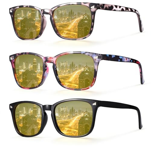 JATEBI 3 PCS Driving Glasses Women for Night Vision Square Anti Glare Glasses UV400 Protection Yellow Polarized Eyewear for Night time