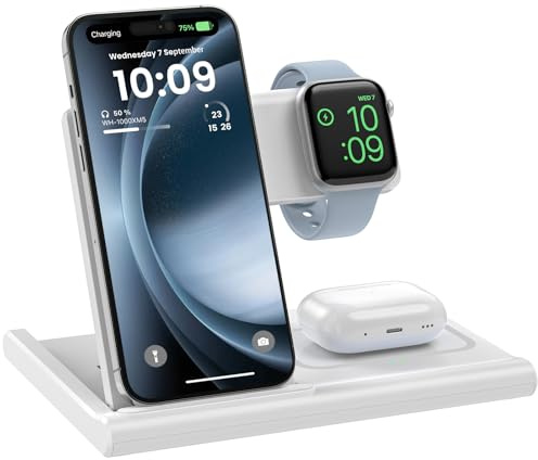 EXW 3 in 1 iPhone Ladestation, Induktive Ladestation für iPhone 12–17 Pro Max,Schnelles Kabelloses Ladegerät für AirPods 2 3 4 Pro und Apple Watch Ultra 3-2/S11–6,Weiß(Adapter Nicht Enthalten)