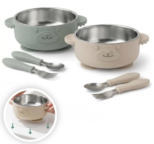 Broemba Bol de Acero Inoxidable con Ventosa para Bebé + Cubiertos - Set de 2 Boles con Cubiertos - Vajilla de Bebé Sin BPA - Bol con Cuchara y Tenedor - Beige/Verde