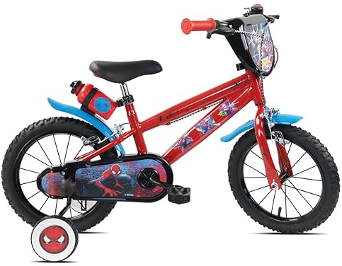 Denver Bike Bicicletta Bambino 14 Pollici Licensed Spiderman, 3-5 Anni, Rotelle Removibili, Freni Caliper Anteriore/Posteriore, Telaio Acciaio, Ruote Gonfiabili, Borraccia e Scudo