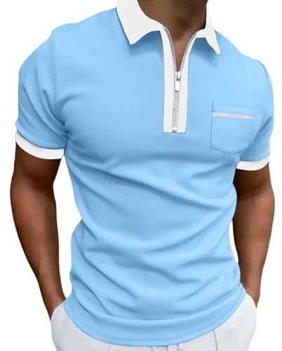 SOOUICKER Poloshirt Herren Kurzarm mit Brusttasche Polo Shirt Zip Polohemd Slim Fit Business Tshirt Zweifarbig Funktionsshirt mit Kragen Golf Shirt Bunt