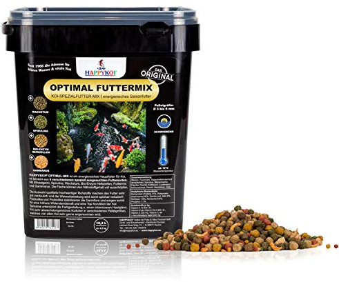 HAPPYKOI® Optimal Mix 10,3 Liter | Spezial Koi Fisch Futter schwimmend - Teich Zierfisch Futtermix für ausgewogenes Wachstum & Farbenpracht mit Spirulina & Gammarus - Pellet Ø3-6 mm