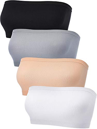 4 Pieces Women's Bandeau Bra Strapless Bralette Seamless Bandeau Non-Padded Stretch Top Bra（Black, White, Skin Color, Grey, Small）